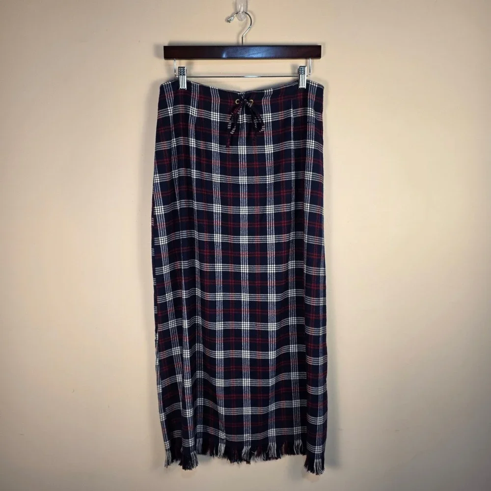 Maxi Skirt Women 12 Navy Red Plaid Fringed Hem Front Tie Preppy Academia‎